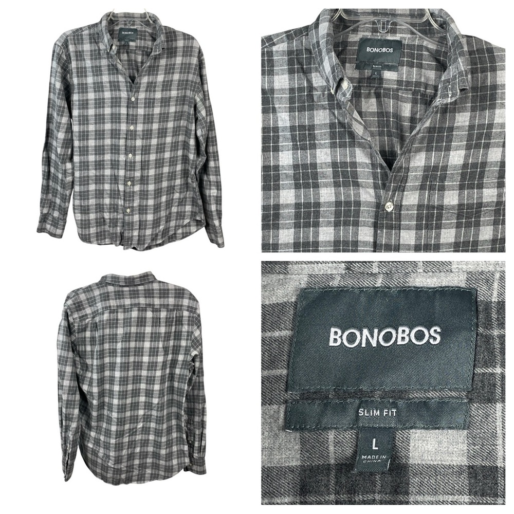 Men’s Bonobos Multi-Tone‎ Grey Plaid 100% Cotton Long Sleeve Slim Fit Large 0264